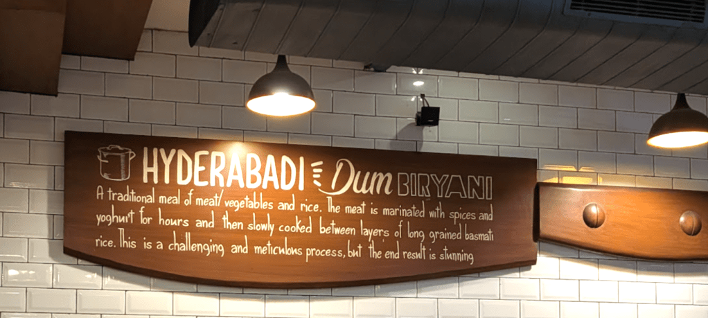 Hyderabadi Dum Biryani recipe board at a restaurant in Connaught Place, Delhi
