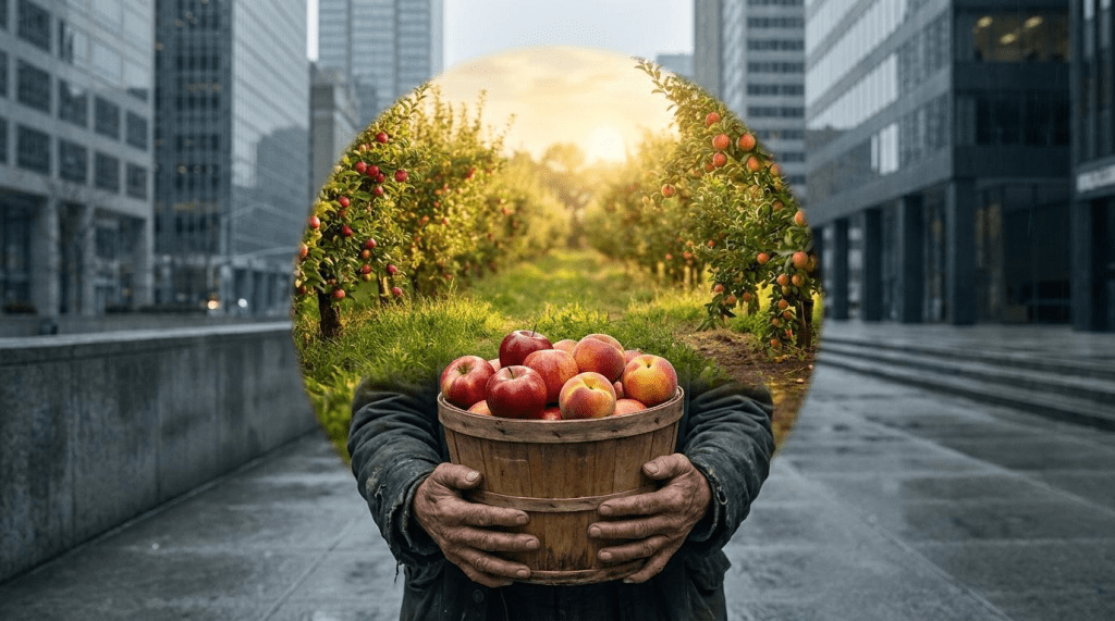 A person holding a wooden basket filled with apples, set against a backdrop blending an urban environment with an apple orchard under a sunset.